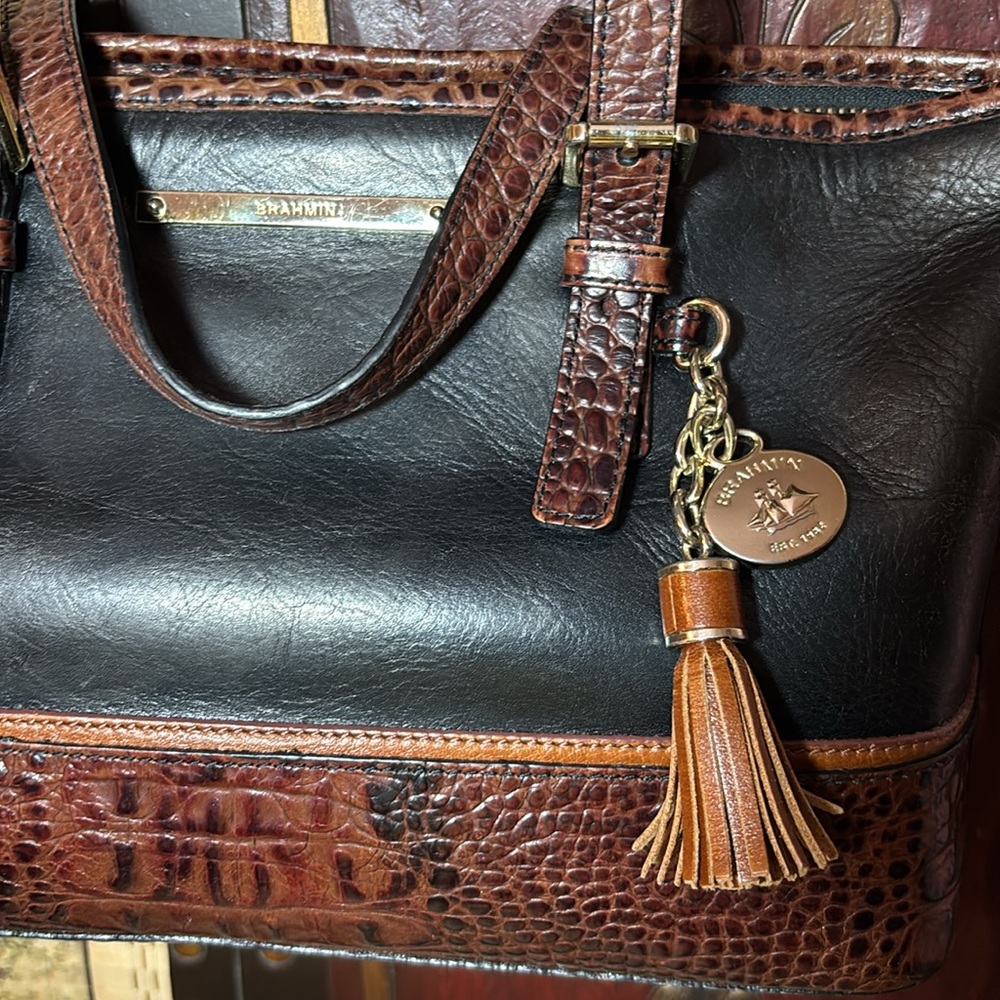 Brahmin Leather Mini Tote Black Pecan Croc Tan w Adj Strap 13”Wx7.25”Hx4.5”W - Picture 4 of 17